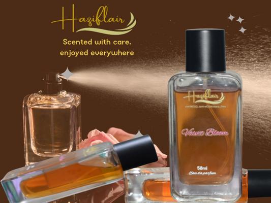 Haziflair perfume bottles on a brown background with brand name and tagline.